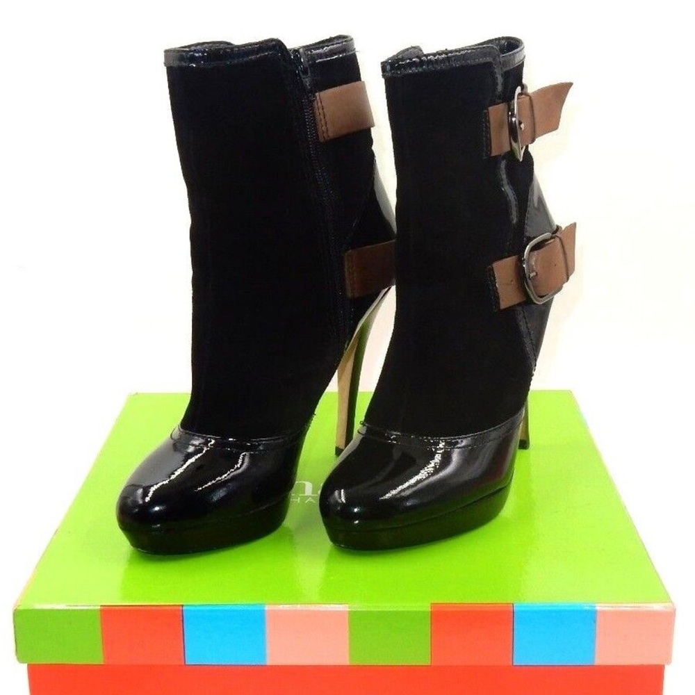 CHARLES DAVID WOMEN'S BLACK SUEDE BUCKLE HIGH HEEL BOOTS